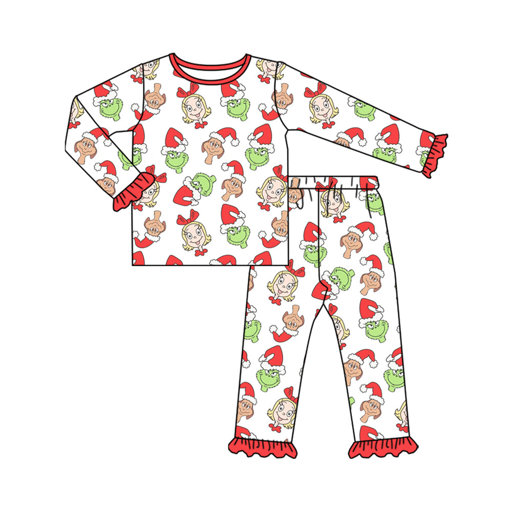 Preorder GLP2654 Christmas Grinch Ruffle Red White Long Sleeve Pants Girls Set 202507
