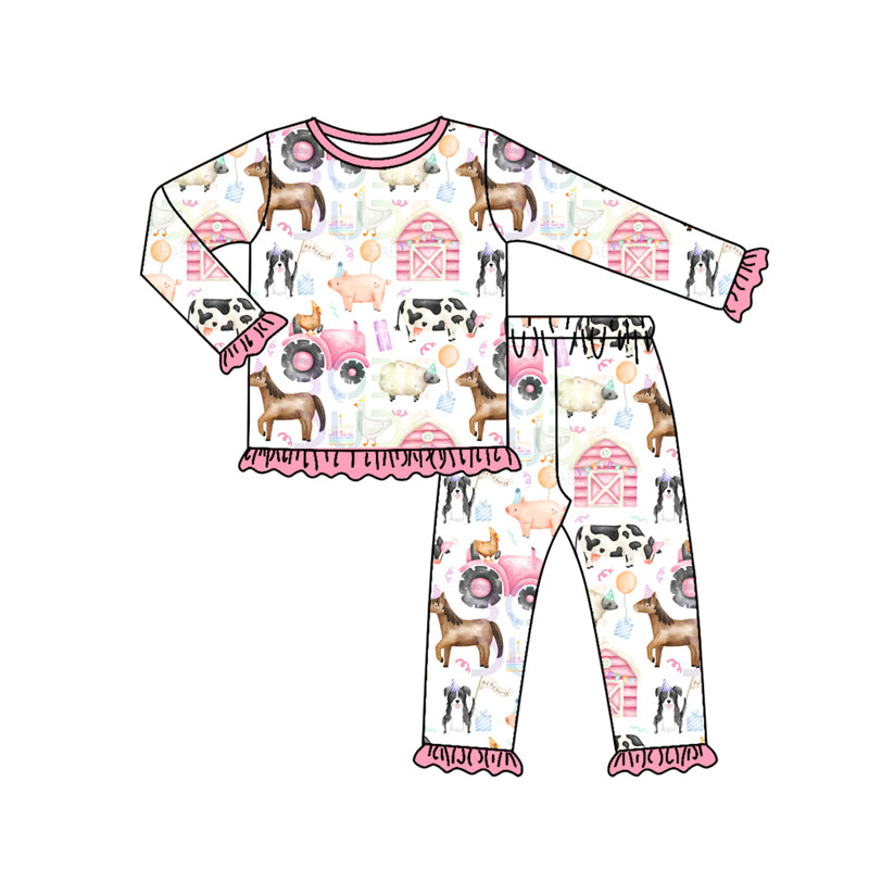Preorder GLP2655 Farm Animals Ruffle Pink White Long Sleeve Pants Girls Set 202507
