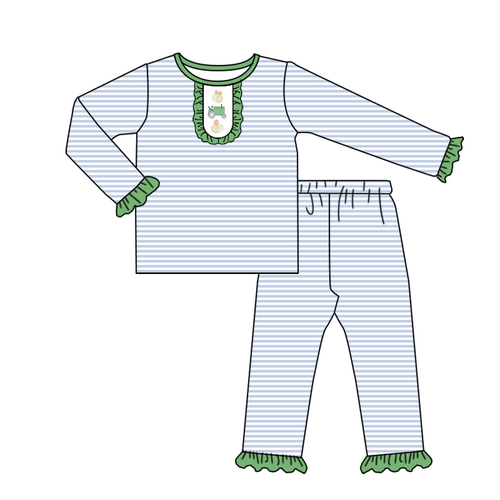 Preorder GLP2656 Pumpkin Trucks Blue Stripe Green Ruffle Long Sleeve Pants Girls Set 202507