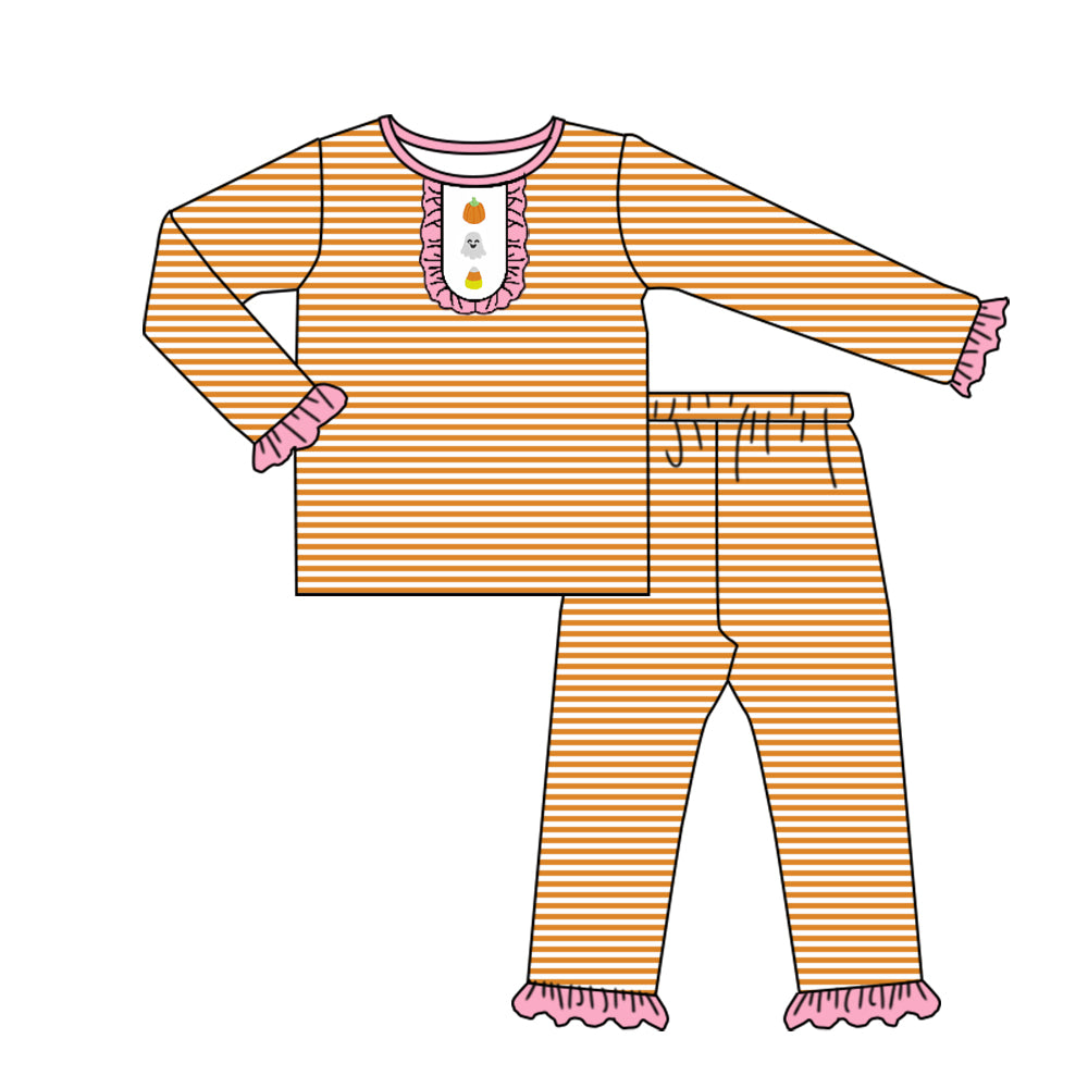 Preorder GLP2658 Pumpkin Ghost Ruffle Orange Stripe Long Sleeve Pants Girls Set 202507