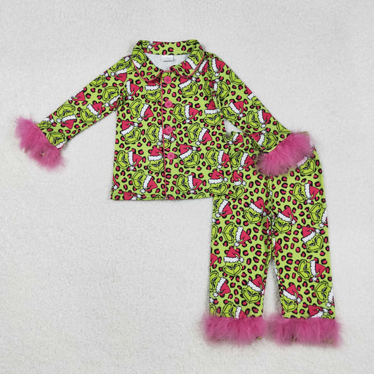 GLP2669 Christmas Grinch Rose Red Plush Leopard Green Long Sleeve Pants Girls Pajamas Sets 202509 RTS