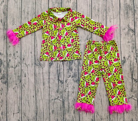 Preorder GLP2669 Christmas Grinch Rose Red Plush Leopard Green Long Sleeve Pants Girls Pajamas Sets 202508