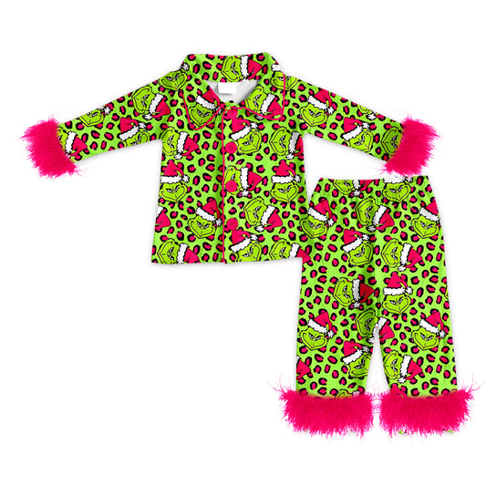 Preorder GLP2670 Adult Female Christmas Grinch Rose Red Plush Leopard Green Long Sleeve Pants Pajamas Sets 202508