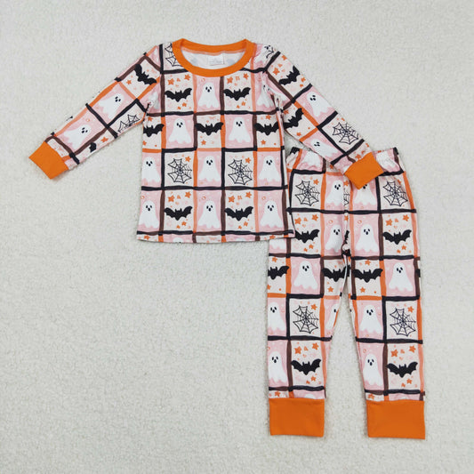 GLP2682 Halloween Ghost Plaid Orange Long Sleeve Pants Girls Pajamas Set 202508 RTS