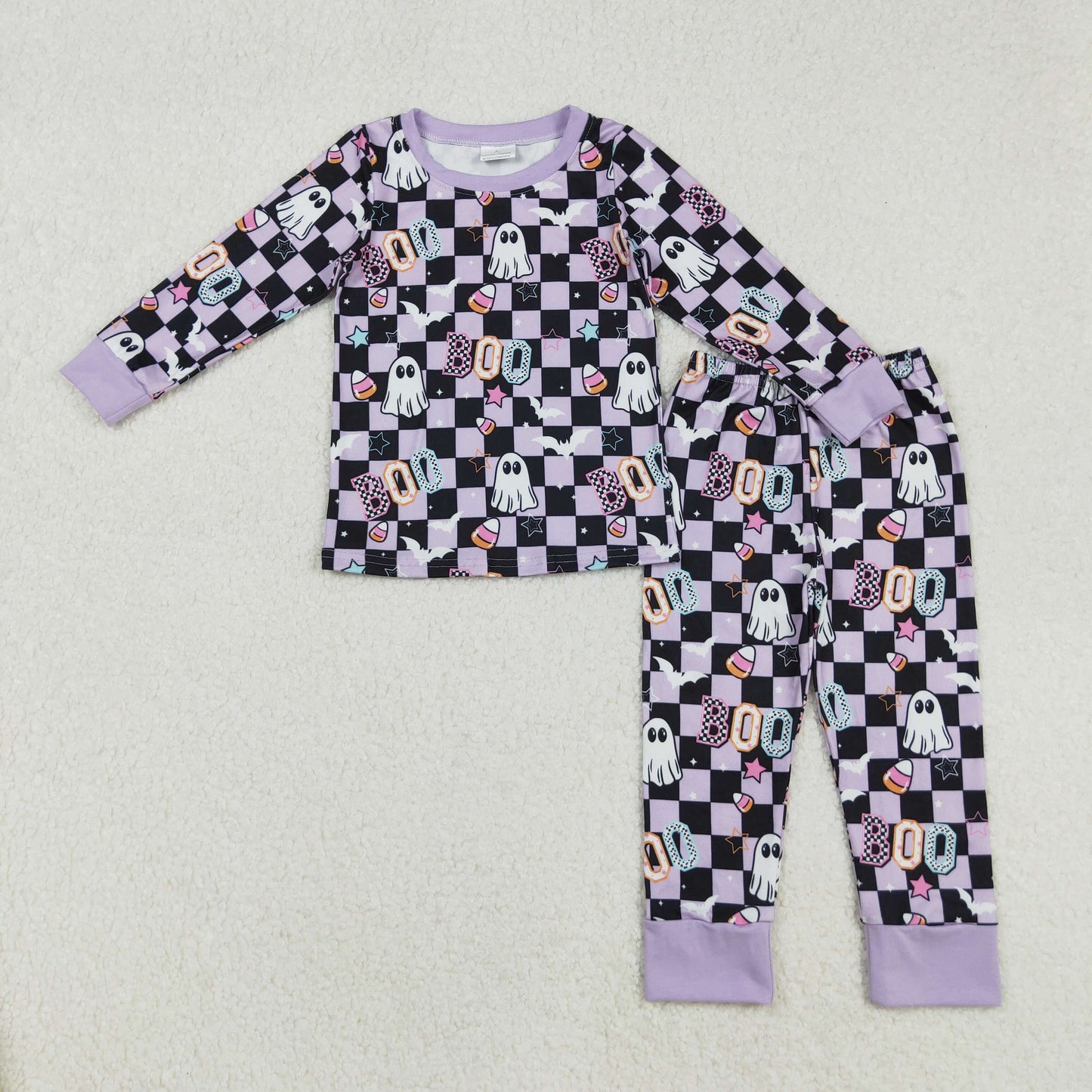 GLP2684 Halloween Ghost Plaid Purple Long Sleeve Pants Girls Pajamas Set 202509 RTS
