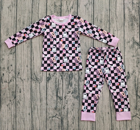 Preorder GLP2684 Halloween Ghost Plaid Purple Long Sleeve Pants Girls Pajamas Set 202508