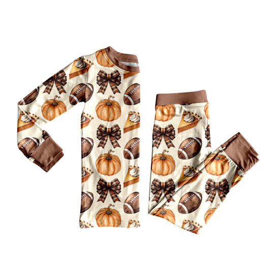 Preorder GLP2688  Rugby Pumpkin Bows Long Sleeve Pants Girls Pajamas Set 202508