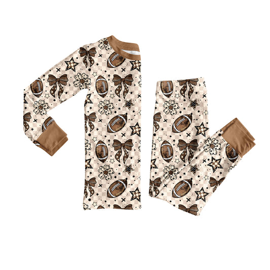Preorder GLP2689 Rugby Flower Star Bows Long Sleeve Pants Girls Pajamas Set 202508