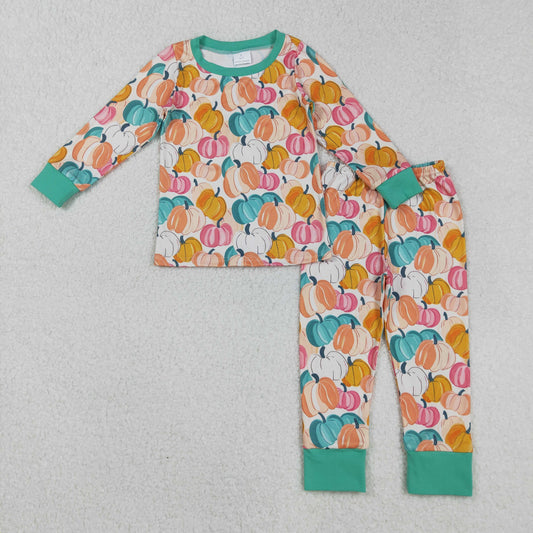 GLP2691 Pumpkin Orange Green Long Sleeve Pants Girls Pajamas Set 202509 RTS