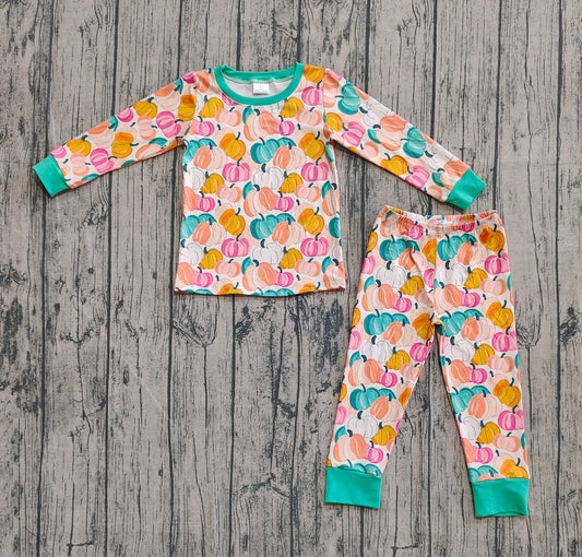 Preorder GLP2691 Pumpkin Orange Green Long Sleeve Pants Girls Pajamas Set 202508