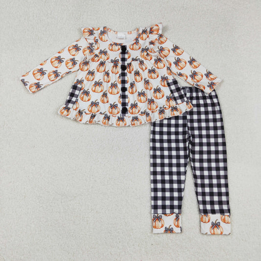 GLP2692 Pumpkin Orange Long Sleeve Black Plaid Pants Girls Set 202509 RTS