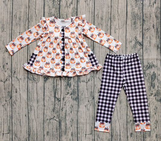 Preorder GLP2692 Pumpkin Orange Long Sleeve Black Plaid Pants Girls Set 202508