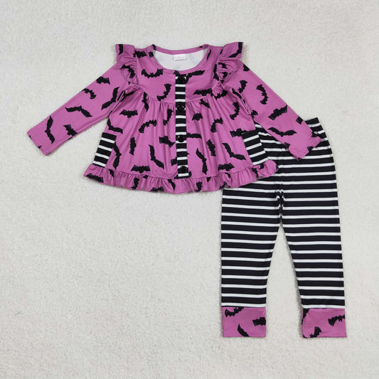 GLP2693 Halloween Bats Purple Ruffle Long Sleeve Black Plaid Pants Girls Set 202509 RTS