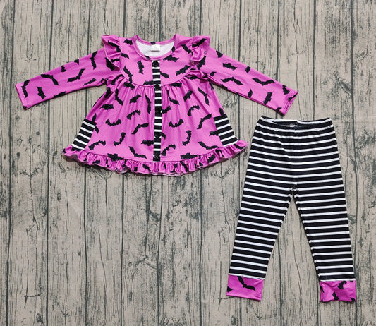 Preorder GLP2693 Halloween Bats Purple Ruffle Long Sleeve Black Plaid Pants Girls Set 202508