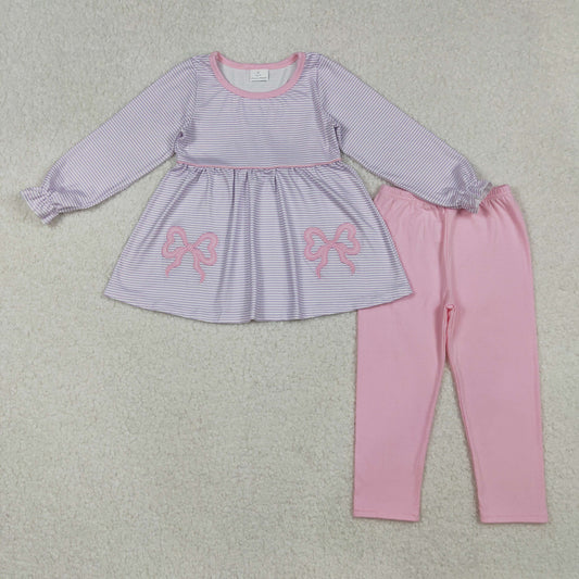 GLP2696 Embroidered Bows Purple Stripe Long Sleeve Pink Pants Girls Set 202510 RTS