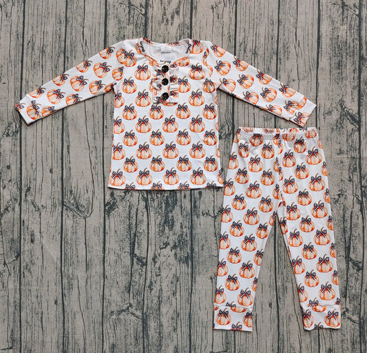 Preorder GLP2700 Pumpkin Bows White Long Sleeve Pants Girls Pajamas Set 202508