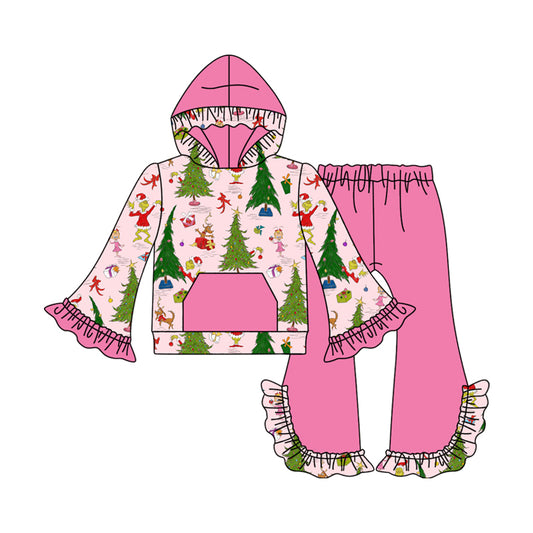Preorder GLP2709 Christmas Grinch Pink Ruffle Hooded Long Sleeve Pants Girls Set 202508