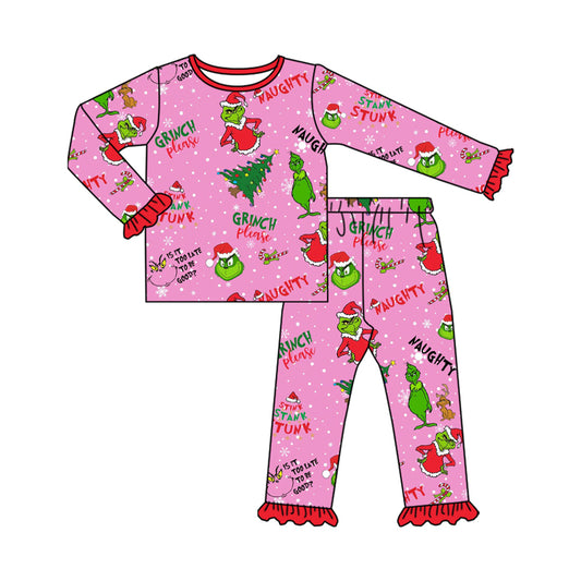 Preorder GLP2710 Christmas Grinch Pink Ruffle Long Sleeve Pants Girls Pajamas Set 202508