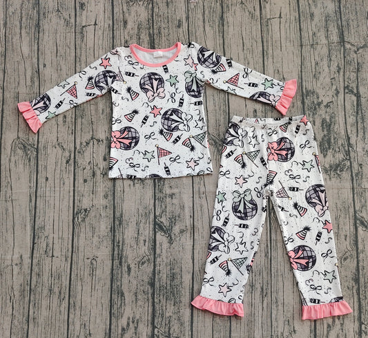 NO MOQ Preorder GLP2711-XS-3XL Happy New Year Ruffle Long Sleeve Pants Girls Pajamas Set 202509