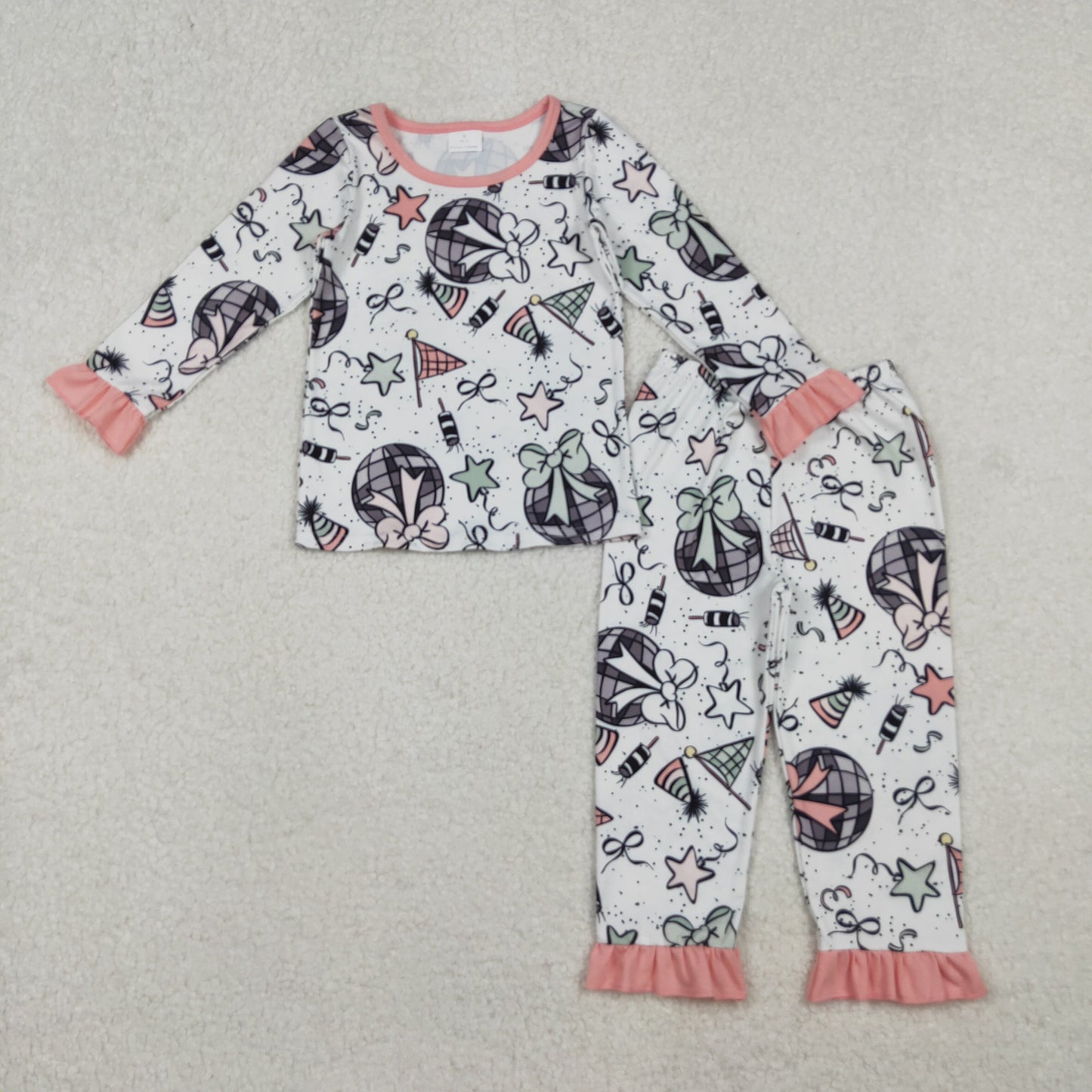 GLP2711-XS-3XL Happy New Year Ruffle Long Sleeve Pants Girls Pajamas Set 202510 RTS