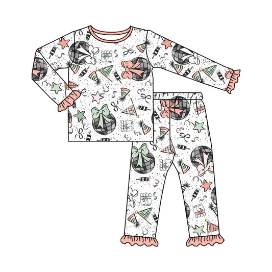 Preorder GLP2711 Happy New Year Ruffle Long Sleeve Pants Girls Pajamas Set 202508