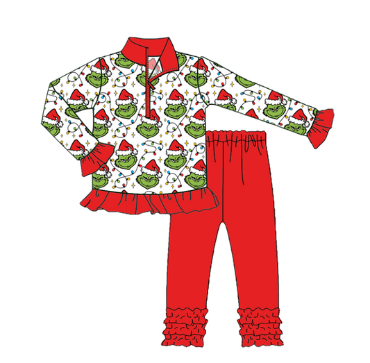 Preorder GLP2714 Christmas Grinch Red Ruffle Long Sleeve Pants Girls Set 202508