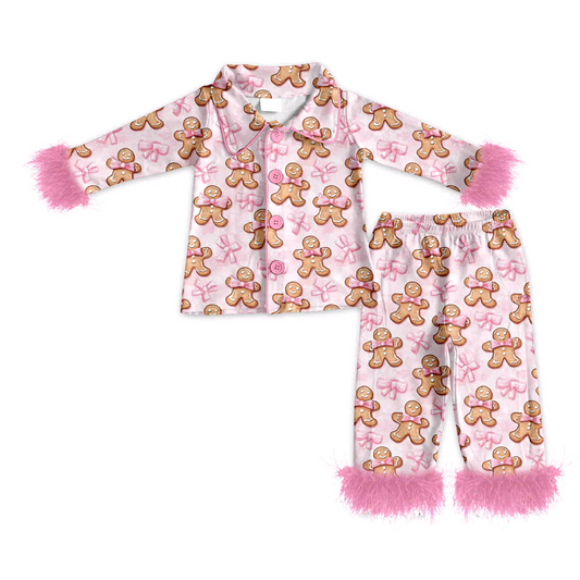 Preorder GLP2716 Adult Female Christmas Gingerbread Man Bows Pink Plush Long Sleeve Pants Pajamas Sets 202508