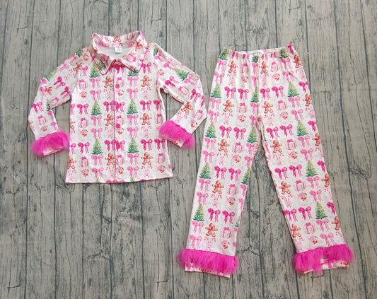 Preorder GLP2717 Adult Female Christmas Gingerbread Man Tree Bows Rose Red Plush Long Sleeve Pants Pajamas Sets 202508