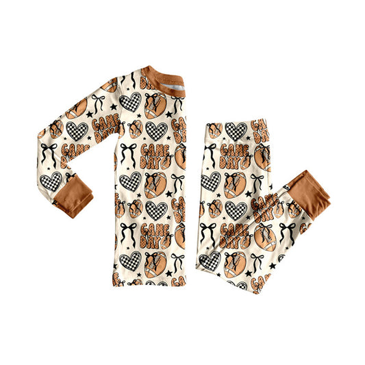 Preorder GLP2720 Rugby Bows Brown Long Sleeve Pants Girls Pajamas Set 202508