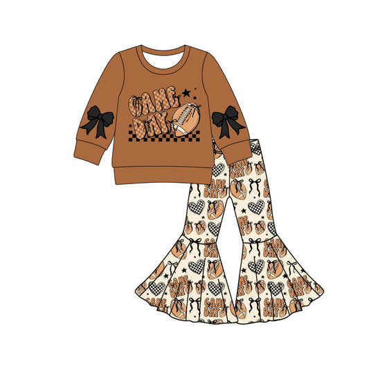 Preorder GLP2721 Rugby Bows Brown Long Sleeve Bell Bottom Pants Girls Set 202508