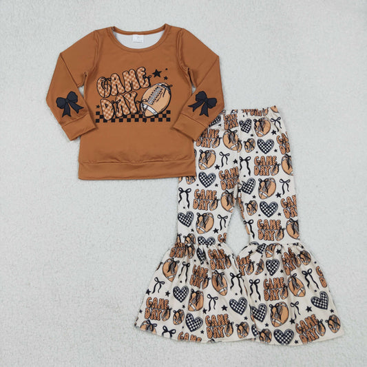 GLP2721 Rugby Bows Brown Long Sleeve Bell Bottom Pants Girls Set 202510 RTS