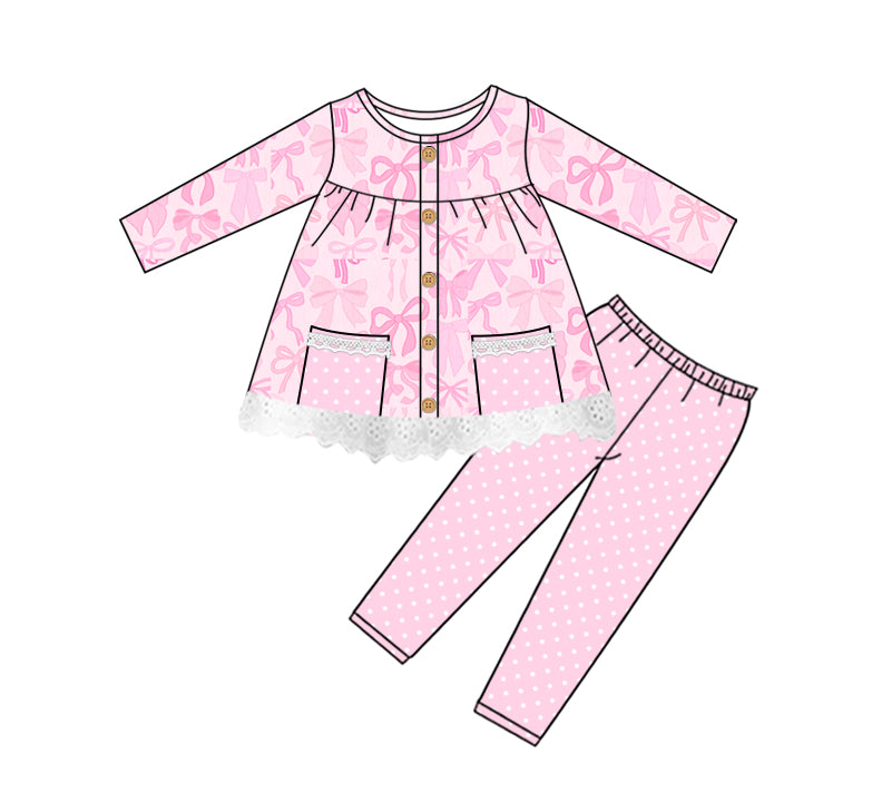 Preorder GLP2723 Bows Pocket Pink Lace Ruffle Long Sleeve Pants Girls Set 202508