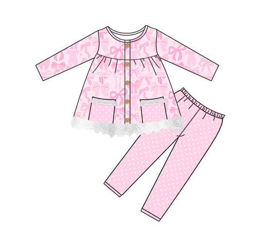 Preorder GLP2723 Bows Pocket Pink Lace Ruffle Long Sleeve Pants Girls Set 202508