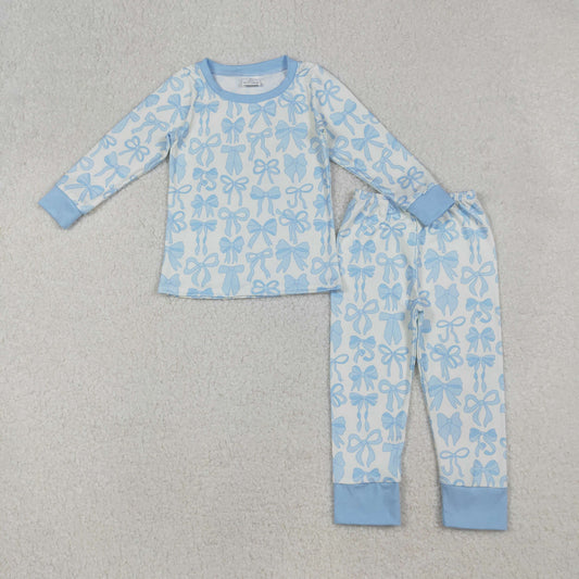 GLP2724 Bows Blue Long Sleeve Pants Girls Pajamas Set 202509 RTS