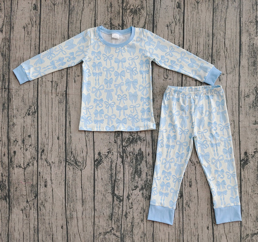 Preorder GLP2724 Bows Blue Long Sleeve Pants Girls Pajamas Set 202508
