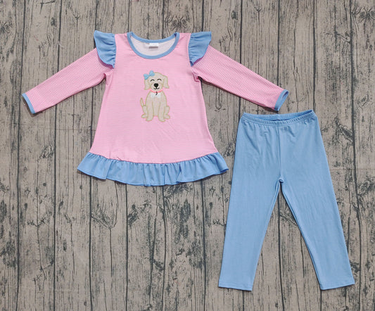 GLP2725 Embroidered Cute Puppy Blue Ruffle Pink Stripe Long Sleeve Pants Girls  Set 202509 RTS