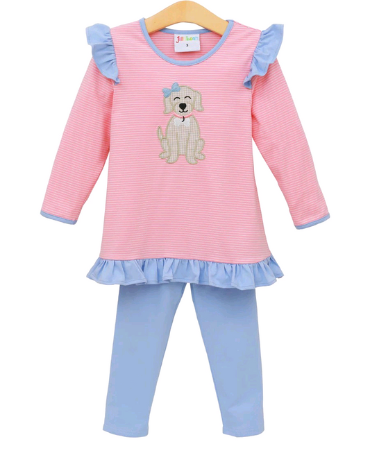 Preorder GLP2725 Cute Puppy Blue Ruffle Pink Stripe Long Sleeve Pants Girls  Set 202508