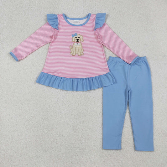 GLP2725 Embroidered Cute Puppy Blue Ruffle Pink Stripe Long Sleeve Pants Girls  Set 202509 RTS