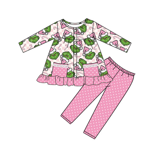 Preorder GLP2727 Christmas Grinch Lace Pocket Pink Ruffle Long Sleeve Pants Girls  Set 202508
