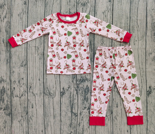 NO MOQ Preorder GLP2729 Christmas Santa Tree Boots Hat Pink Long Sleeve Pants Girls  Set 202508