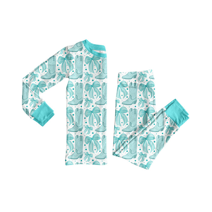Preorder GLP2732 Bows Boots Mint Blue Long Sleeve Pants Girls Pajamas Set 202508