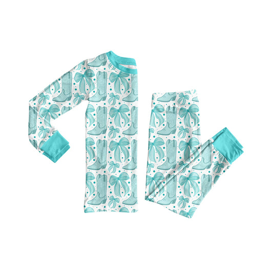 Preorder GLP2732 Bows Boots Mint Blue Long Sleeve Pants Girls Pajamas Set 202508