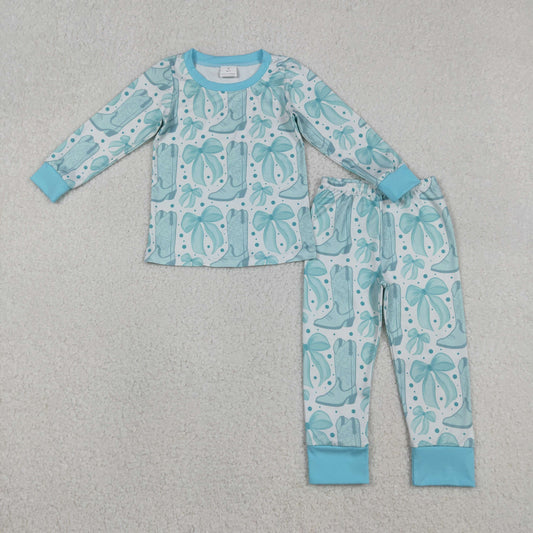 GLP2732 Bows Boots Mint Blue Long Sleeve Pants Girls Pajamas Set 202512 RTS