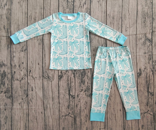 NO MOQ Preorder GLP2732 Bows Boots Mint Blue Long Sleeve Pants Girls Pajamas Set 202511