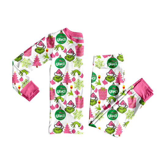 Preorder GLP2733 Christmas Grinch Rose Red Long Sleeve Pants Girls Pajamas Set 202508