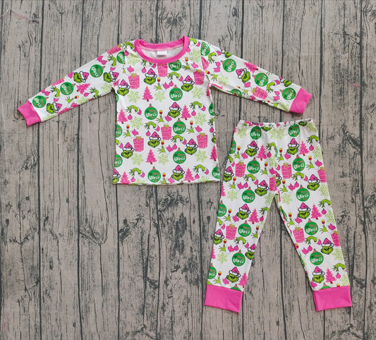 NO MOQ Preorder GLP2733 Christmas Grinch Rose Red Long Sleeve Pants Girls Pajamas Set 202508