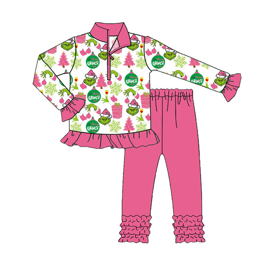 Preorder GLP2734 Christmas Grinch Zipper Collar Rose Red Long Sleeve Pants Girls Set 202508