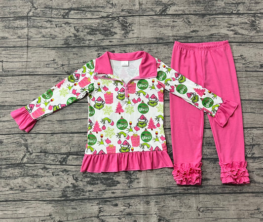 NO MOQ Preorder GLP2734 Christmas Grinch Zipper Collar Rose Red Long Sleeve Pants Girls Set 202510