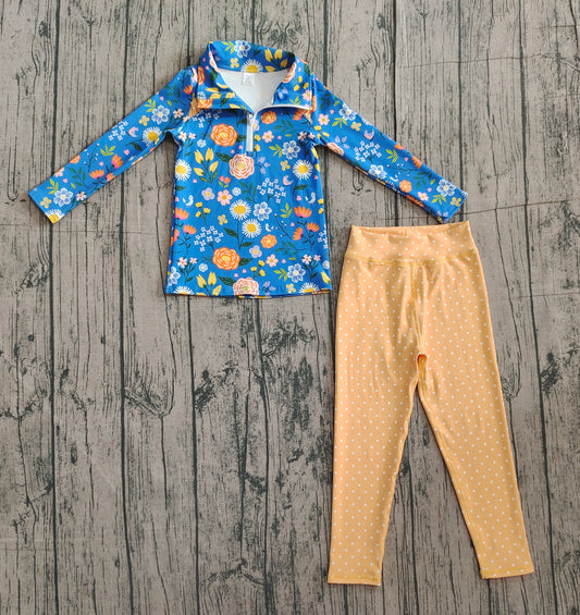 NO MOQ preorder GLP2736 Flower Blue Long Sleeve Orange Dots Pants Girls Yoga Sets 202511