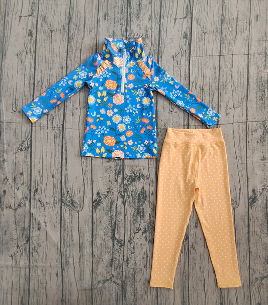 NO MOQ preorder GLP2736 Flower Blue Long Sleeve Orange Dots Pants Girls Yoga Sets 202511